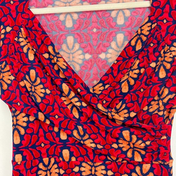 Leota Floral Faux Wrap Dress Red/Black Size PS Surplice V-Neck - Picture 3 of 5